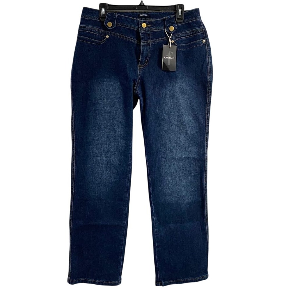 Flamingals Womens Dark Wash Denim Jeans Button Fly Stretch Straight Leg XL